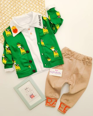 Graffe zürafa detaylı Hırkalı uzu kollu Sweatshirt Mevsimlik 3lü Bebe Takım 