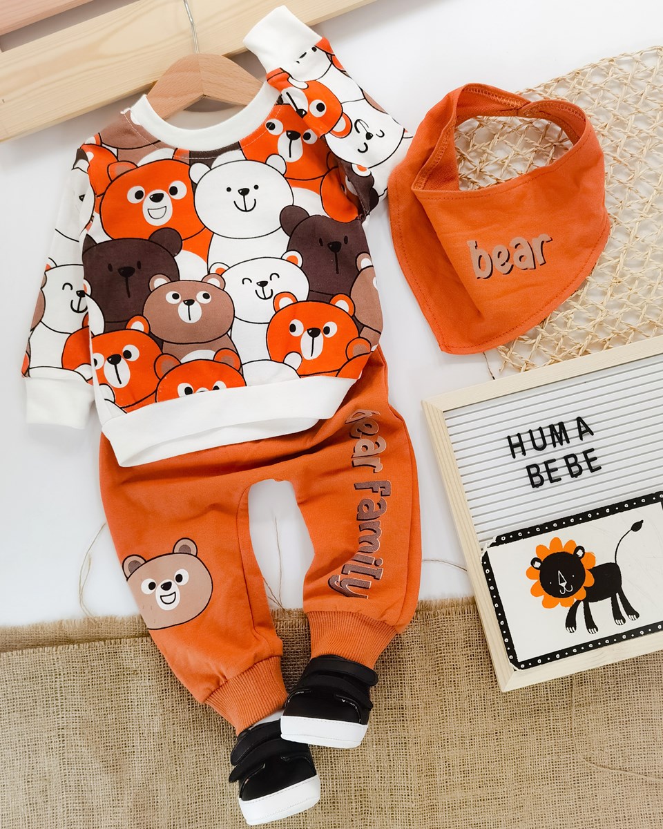 Bear family bisiklet yaka Sweatshirt Mevsimlik 3lü fularlı bebe takım 