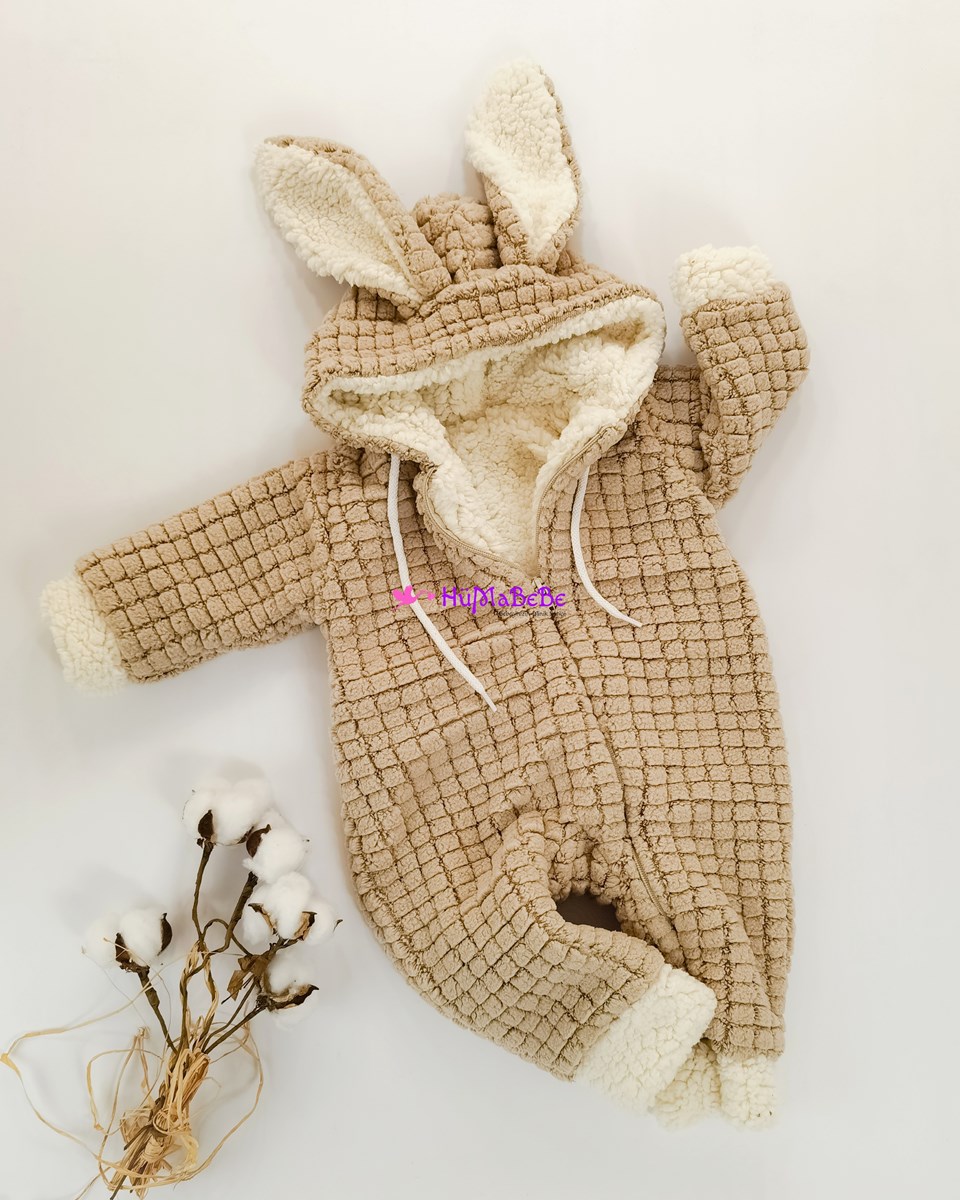 Dışı peluş içi Welsoft boydan fermuarlı Tavşan Kulak detaylı Kışlık bebe tulum 