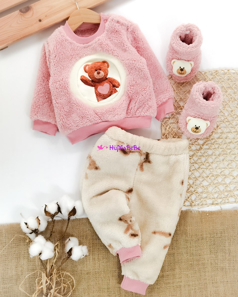 Panduflu Sevimli Ayıcık detaylı Welsoft Kışlık 3lü Bebe Takım 