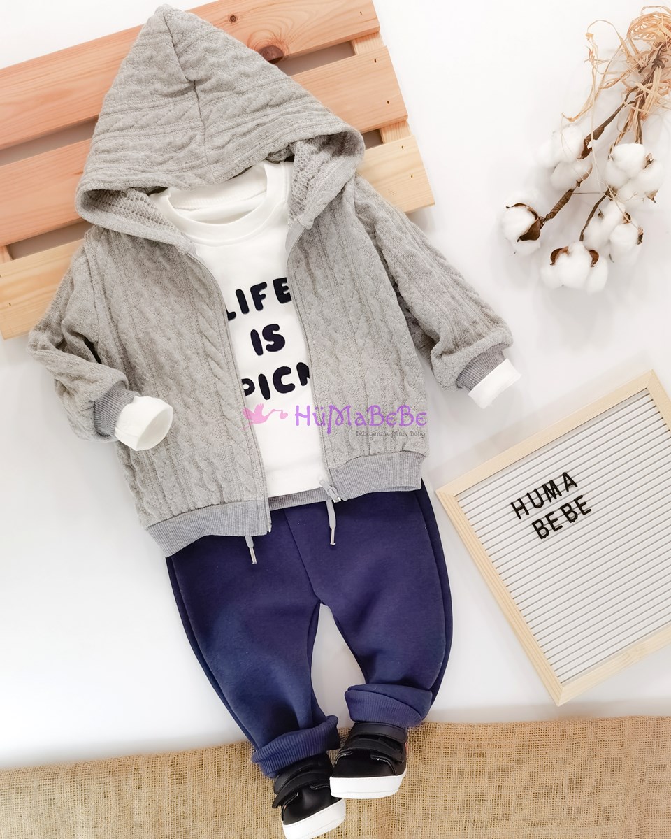 Life is a pıcnıc uzun kollu Sweatshirt triko hırkalı kışlık 3lü Bebe Takım 