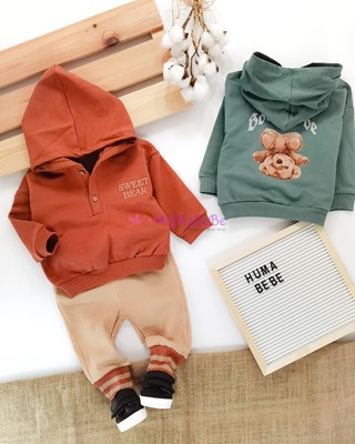 Sweet Bear tarz Kapşonlu sırtında ayıcık Baskılı Mevsimlik 2li Bebe Takım 