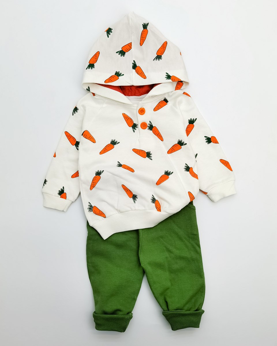 Havuç baskılı Kapşonlu Sweatshirt Mevsimlik 2li Bebe Takım 