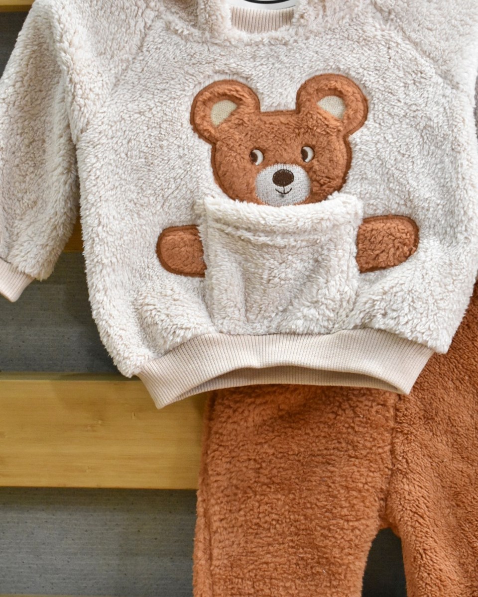 Bear ayıcık Nakışlı panduflu Welsoft Kışlık 3lü Bebe Takım 