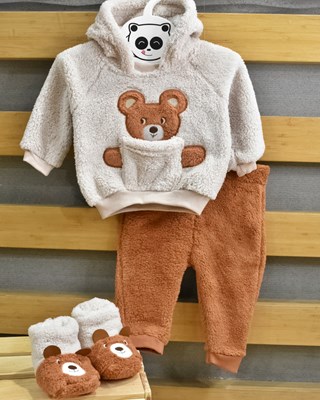 Bear ayıcık Nakışlı panduflu Welsoft Kışlık 3lü Bebe Takım 