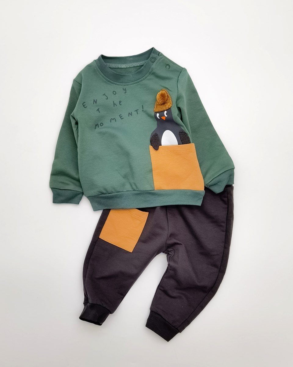 Şapkalı penguen detaylı Sweatshirt Mevsimlik 2li Bebe Takım 