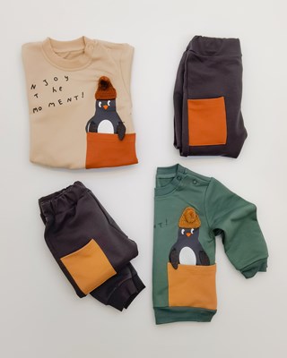 Şapkalı penguen detaylı Sweatshirt Mevsimlik 2li Bebe Takım 