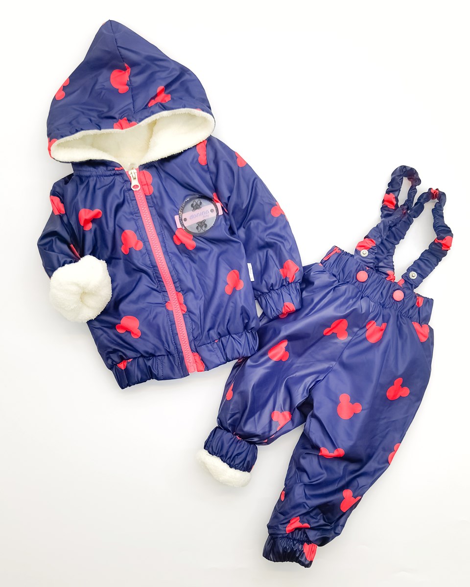 Minnie mouse Armalı Içi Welsoft Yağmurluklu Ceket Salopet Kışlık 2li Bebe Takım