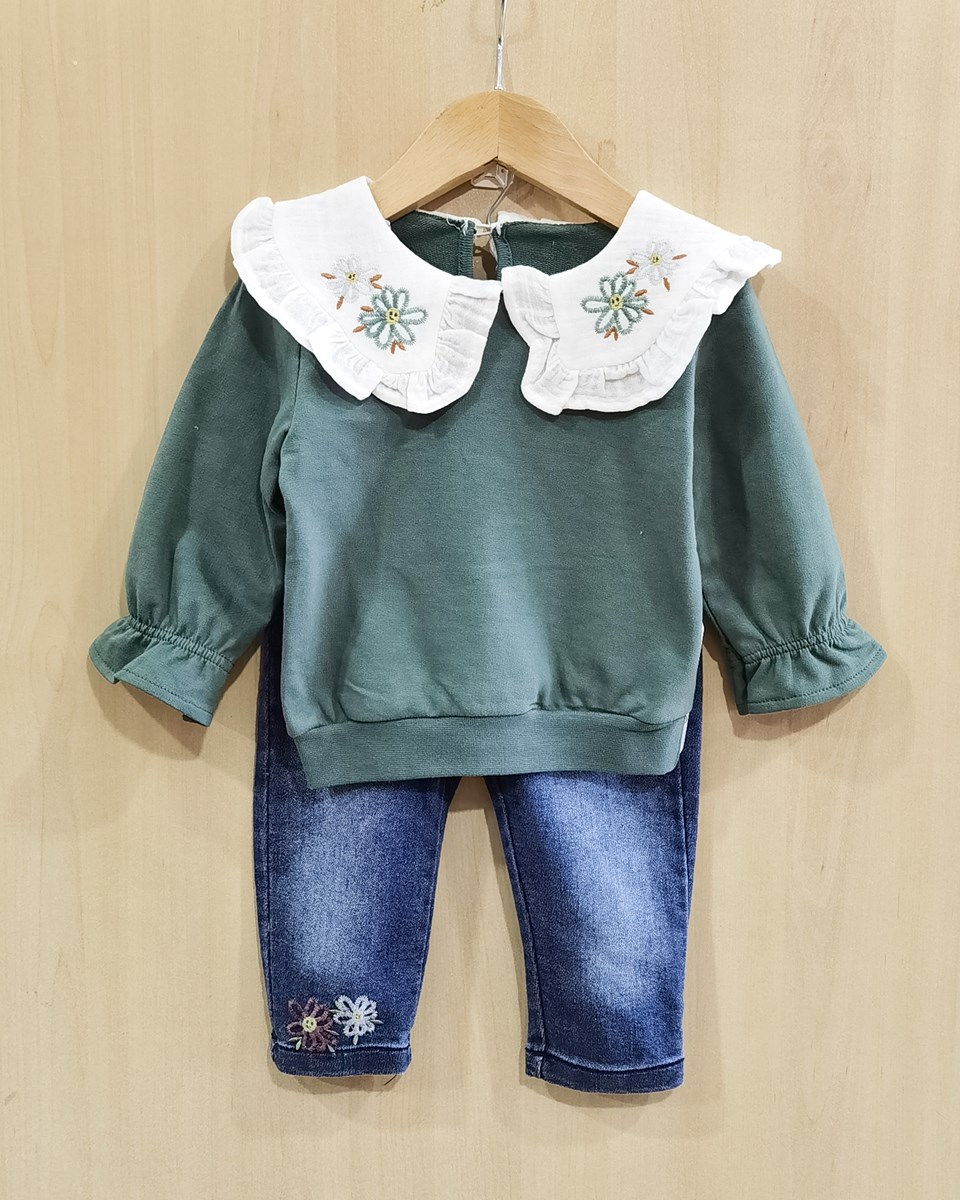 Fisto Papatya Nakış detaylı bebe yaka Sweatshirt kot 2li Mevsimlik 2li Takım 