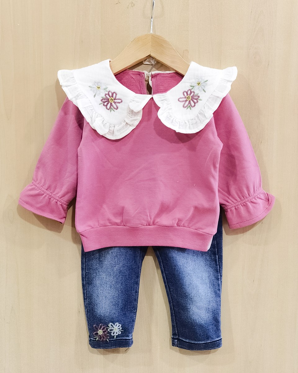 Fisto Papatya Nakış detaylı bebe yaka Sweatshirt kot 2li Mevsimlik 2li Takım  