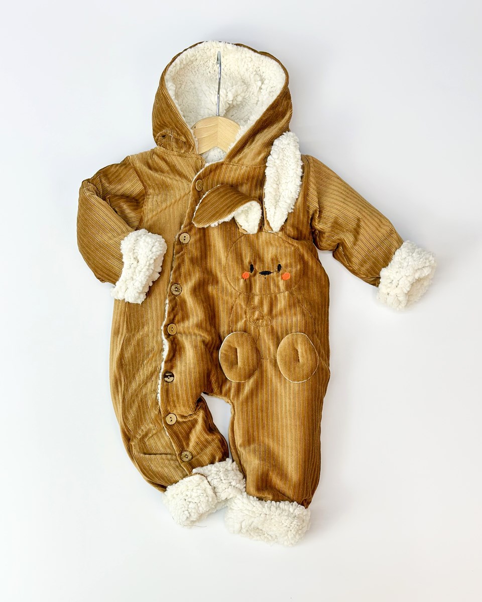 Dışı kadife içi welsoft tavşan detaylı kışlık bebe tulum 