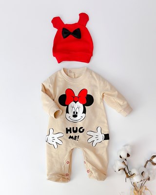 Hug me sarıl bana minnie şapkalı ayaklı kız bebe tulum 