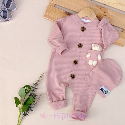 Çıkarılabilir Oyuncak Ayılı Esnek Fitilli Mevsimlik Şapkalı Bebe Tulum