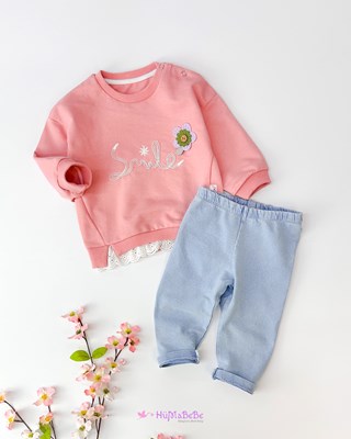 Smile çiçek detaylı oversize sweatshirt likralı kot mevsimlik 2li bebe takım 