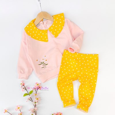 Papatya nakışlı bebe yaka detaylı uzun kollu sweatshirt taytlı 2li takım 