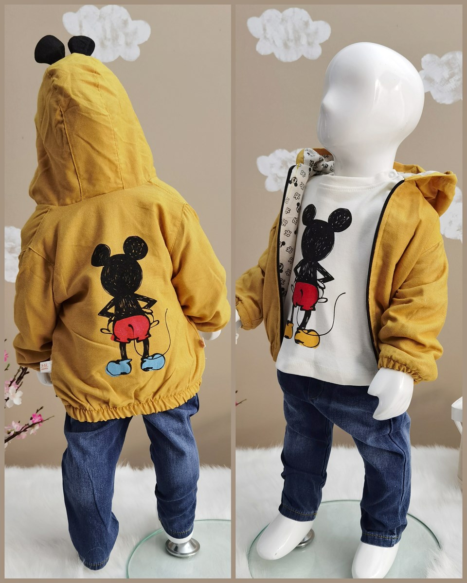 Mickey Karakterli kot pantolon Kapşonlu ceketli mevsimlik tarz 3lü Bebe takım