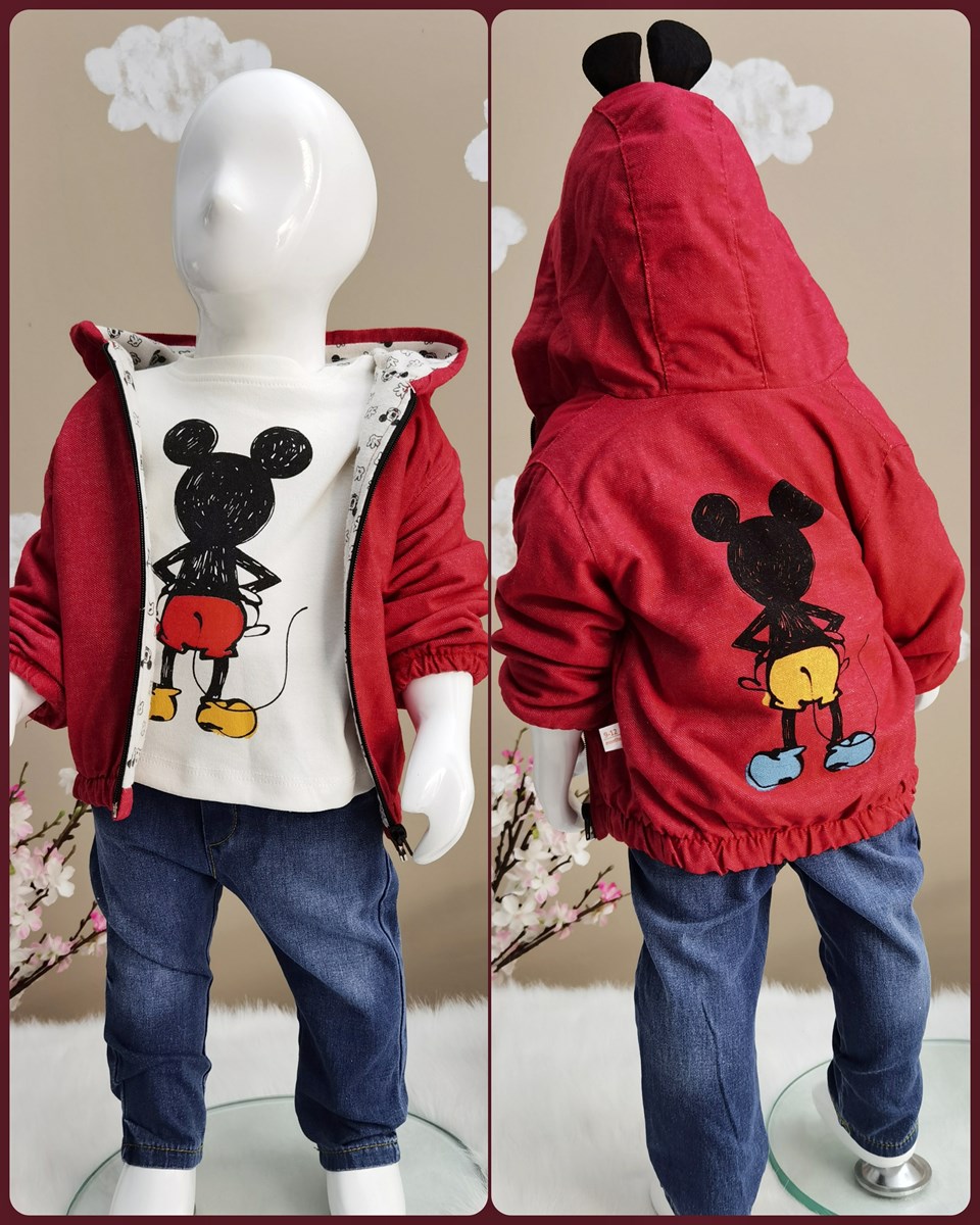Mickey Karakterli kot pantolon Kapşonlu ceketli mevsimlik tarz 3lü Bebe takım
