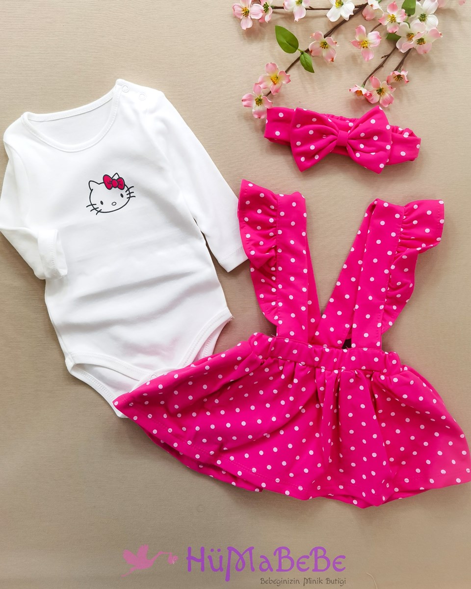 Hello kıtty Badili puantiye fırfır detaylı elbise bandanalı üçlü kız bebe takım 