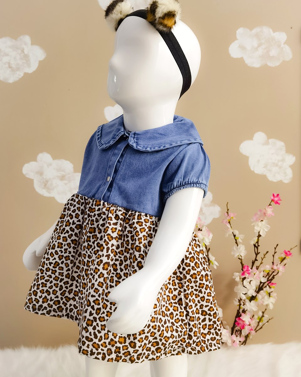 leopar kısa kollu  bebe yaka pisi nakış detaylı kız bebe elbise