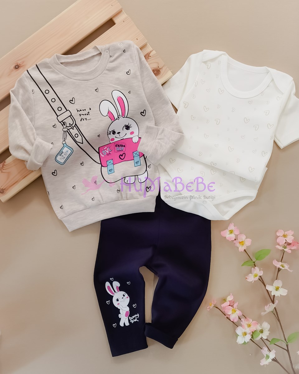 Sevimli tavşan kalp detaylı badili Sweatshirt Taytlı Mevsimlik 3lü Kız Bebe Takım 