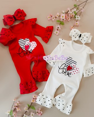 İspanyol paça love kalp detaylı fiyonk bandanalı Mevsimlik kız bebe tulum 