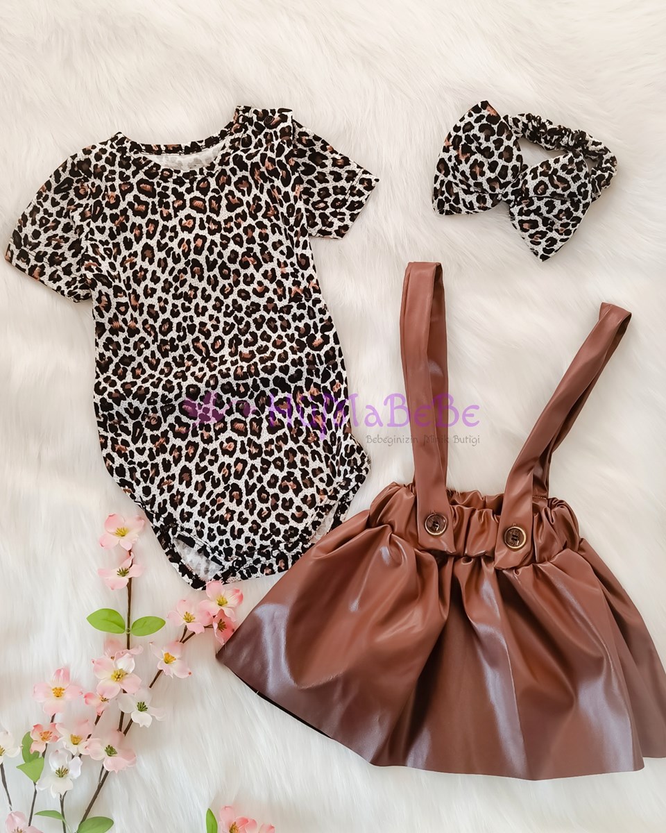 Leopar desenli Çıtçıtlı Badili bandanalı deri elbisesi yazlık kız 3lü Bebe Takım 