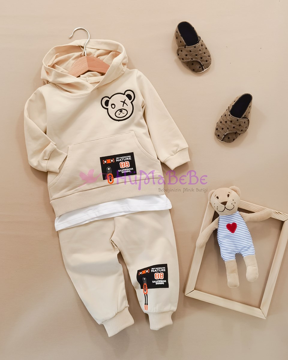 Bear nakışlı kapşonlu Sweatshirt Mevsimlik tarz 2li Bebe Takım 