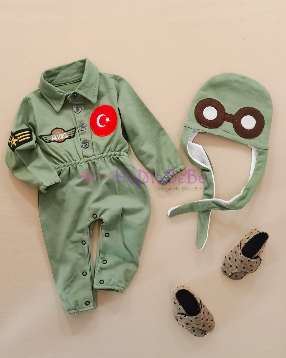 Türk armalı asker brüveli pilot şapkalı belden lastikli polo yaka Mevsimlik bebe tulum 