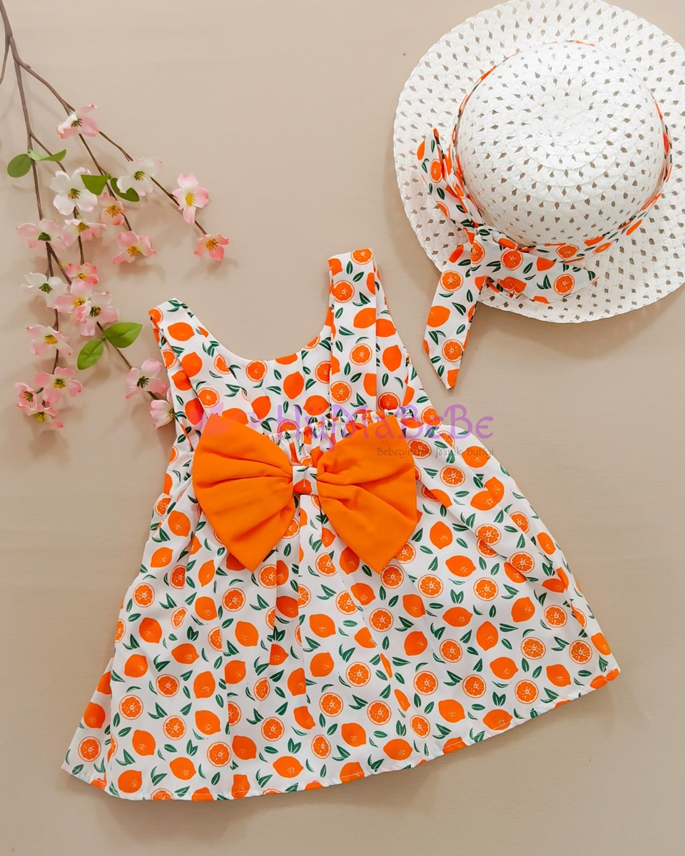 Portakal detaylı Fiyonklu elbise hasır şapkalı yazlık 2li Bebe Takım 