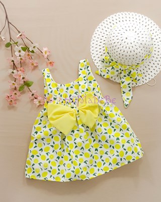 Limon detaylı Fiyonklu elbise hasır şapkalı yazlık 2li Bebe Takım 