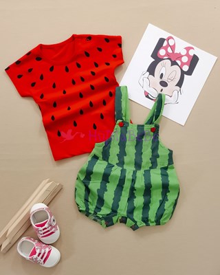 Karpuz detaylı Sweatshirt Salopet yazlık 2li Kız Bebe Takım 
