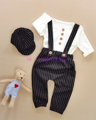 Ahşap Düğmeli Sweatshirt Tarz çizgili  Yandan Cepli Salopet Kasketli Mevsimlik 3lü Bebe Takım