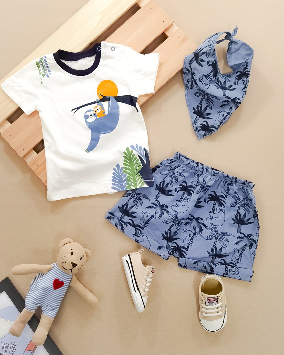 Uykucu Koala t shirt fularlı şortlu yazlık 3lü Bebe Takım 