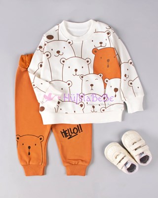Hello ayıcık uzun kollu bisiklet yaka unisex mevsimlik 2li bebe takım
