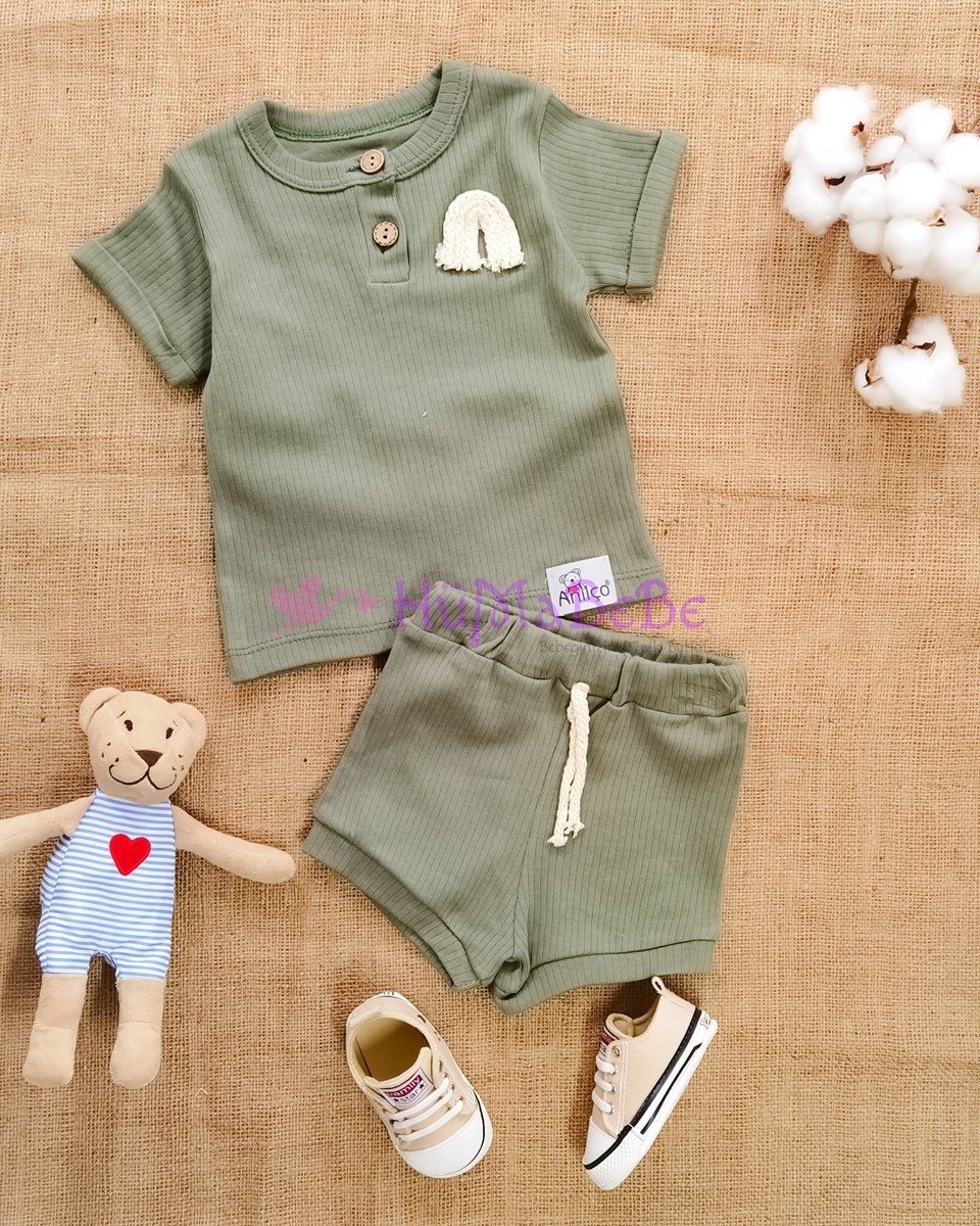 Halat Gökkuşağı detaylı esnek fitilli t shirt şortlu yazlık 2li unisex bebe takım 