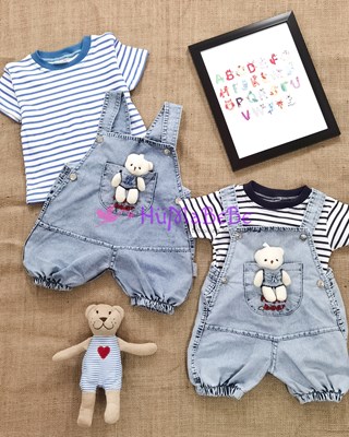 Happy Bear nakışlı oyuncak Ayılı önden cepli jeans kot Salopet şeritli bisiklet yaka t shirt yazlık 2li Bebe Takım 