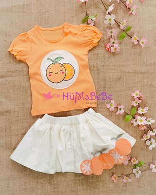Sevimli portakallar yazlık t shirt portakal Nakışlı etek yazlık 2li Kız Bebe Takım 