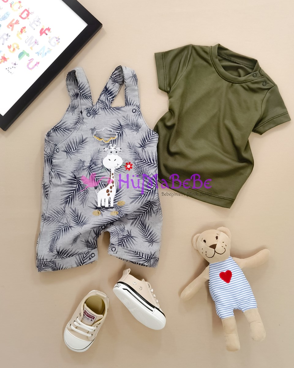 Zürafa Bulut Nakışlı keten Salopet kısa kollu t shirt yazlık 2li Bebe Takım 