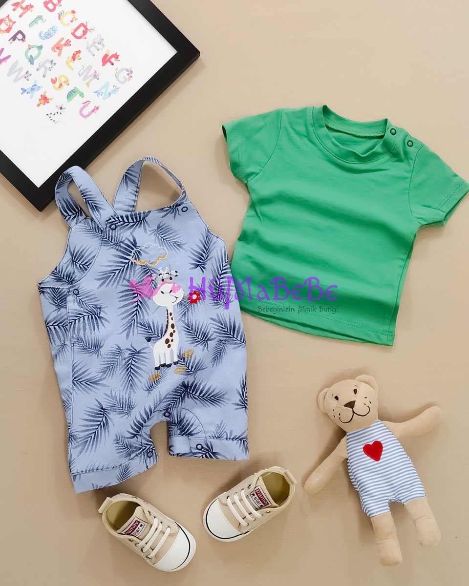 Zürafa Bulut Nakışlı keten Salopet kısa kollu t shirt yazlık 2li Bebe Takım 
