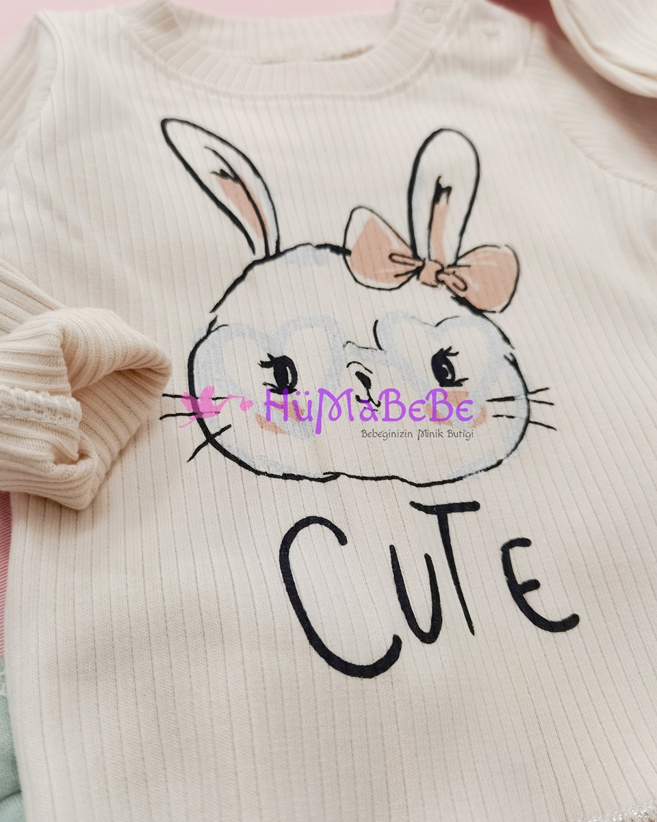 Cute rabbit fisto detaylı yelekli Mevsimlik 3lü Kız Bebe Takım 