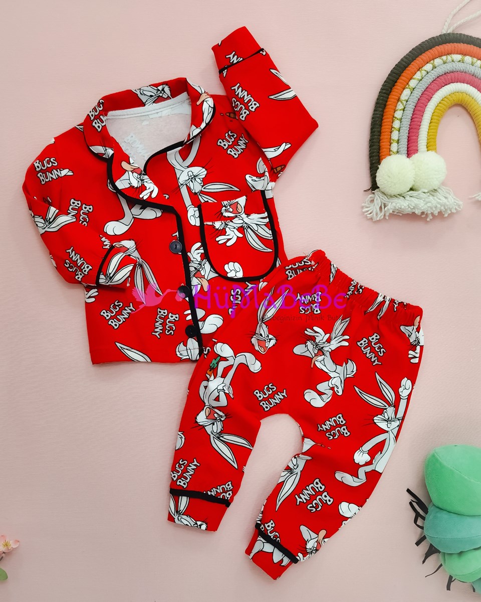 Bugs Bunny desenli likralı esnek unisex bebe pijama takımı 