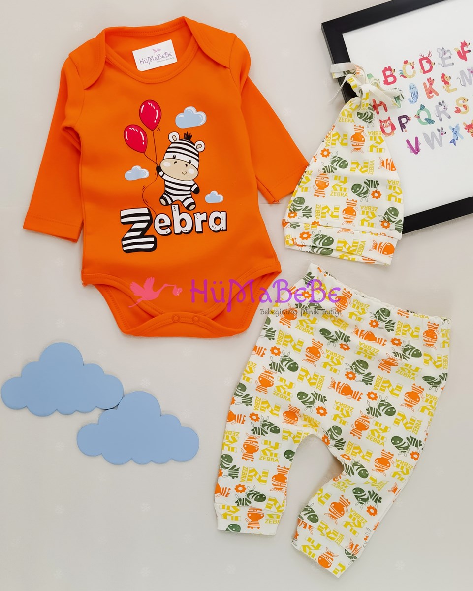 Zebra desenli uzun kollu badili şapkalı Mevsimlik 3lü Bebe Takım 