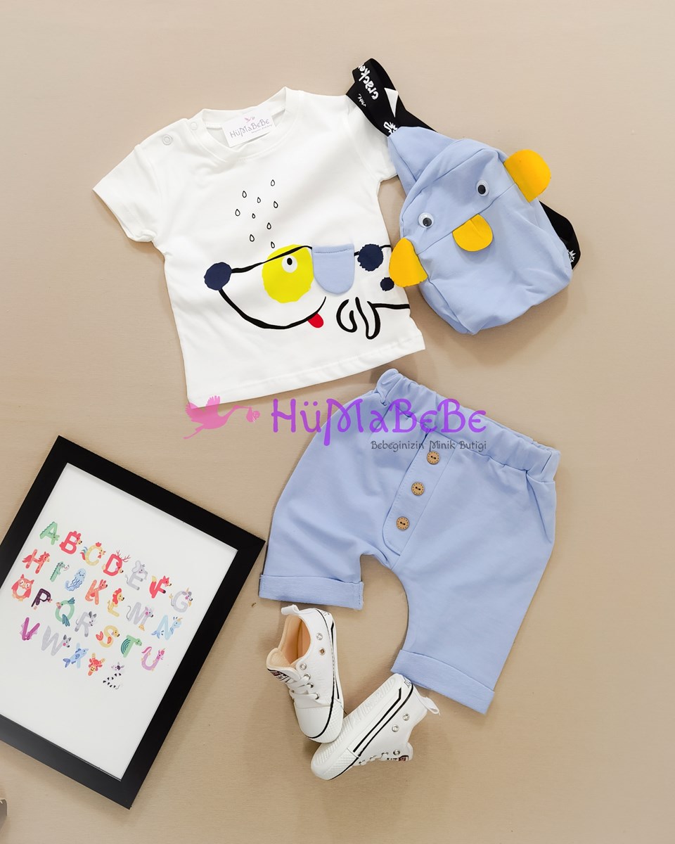 Baby dog sırt çantalı t shirt şortlu yazlık 3lü erkek bebe takım 