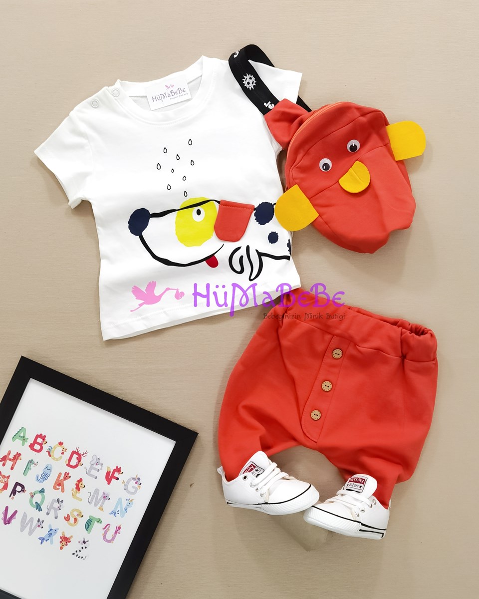 Baby dog sırt çantalı t shirt şortlu yazlık 3lü erkek bebe takım 