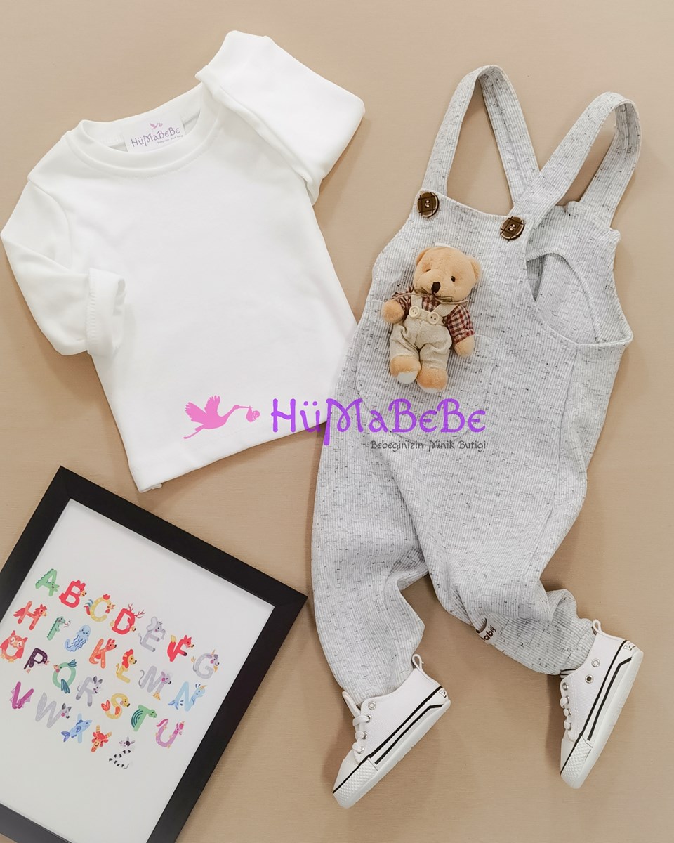 Oyuncak Ayılı esnek kaşkorse tarz salopetli Sweatshirt Mevsimlik 2li Bebe Takım 