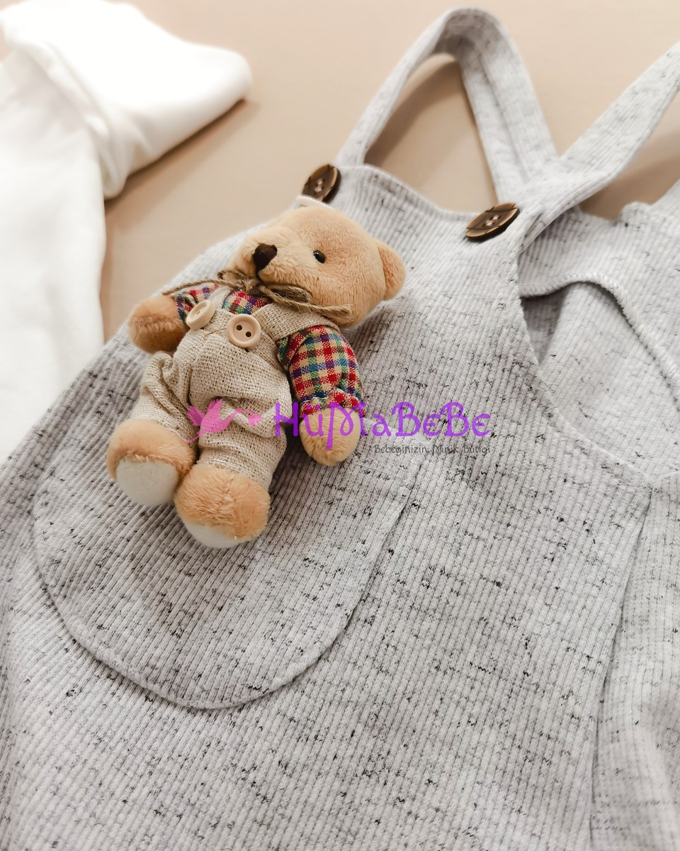 Oyuncak Ayılı esnek kaşkorse tarz salopetli Sweatshirt Mevsimlik 2li Bebe Takım 