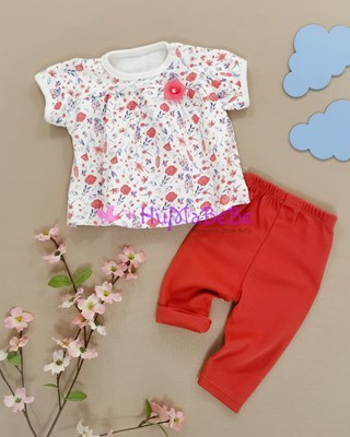Çiçek detaylı omuzdan Çıtçıtlı t shirt taytlı yazlık 2li Bebe Takım 