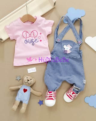 Örme Kot Görünümlü mini püskül Detaylı Tarz Salopet T Shirt Yazlık 2li Kız Bebe Takım