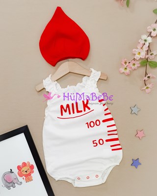 Milk cc detaylı şapkalı yazlık unisex bebe tulum 