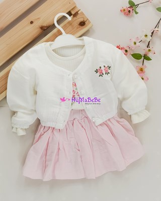 Kaneviçe Nakışlı Müslin Hırkalı Müslin etekli esnek fitilli Sweatshirt Mevsimlik 3lü Kız Bebe Takım 
